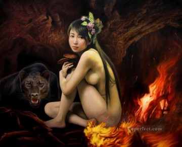 ヌード Painting - 火と裸の中国人少女のヌード